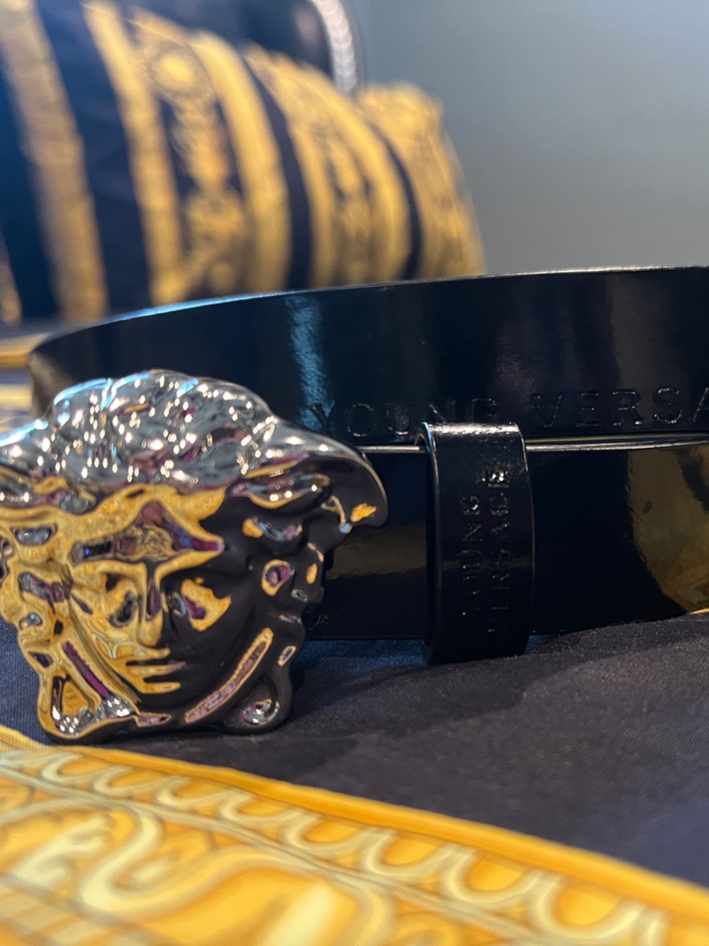 Versace Black Leather Belt  with Silver Medusa Accent